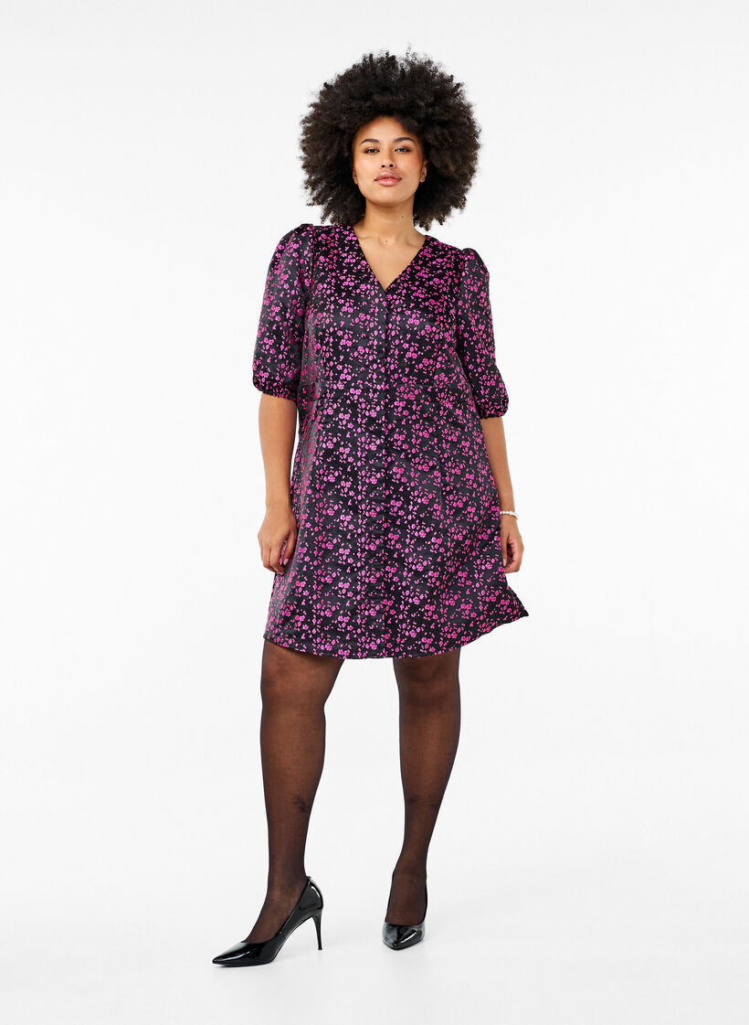 Knelang kjole med broderte blomster, Black Pink Flower, Model image number 2