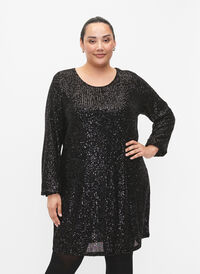 Kort paljettkjole med lange ermer, Black, Model