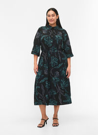 FLASH - Skjortekjole med blomstermønster, Black Scarab Flower, Model