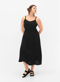 Ensfarget kjole med stropper i viskose med smock, Black, Model
