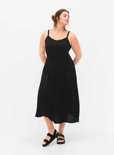 Ensfarget kjole med stropper i viskose med smock, Black, Model image number 0