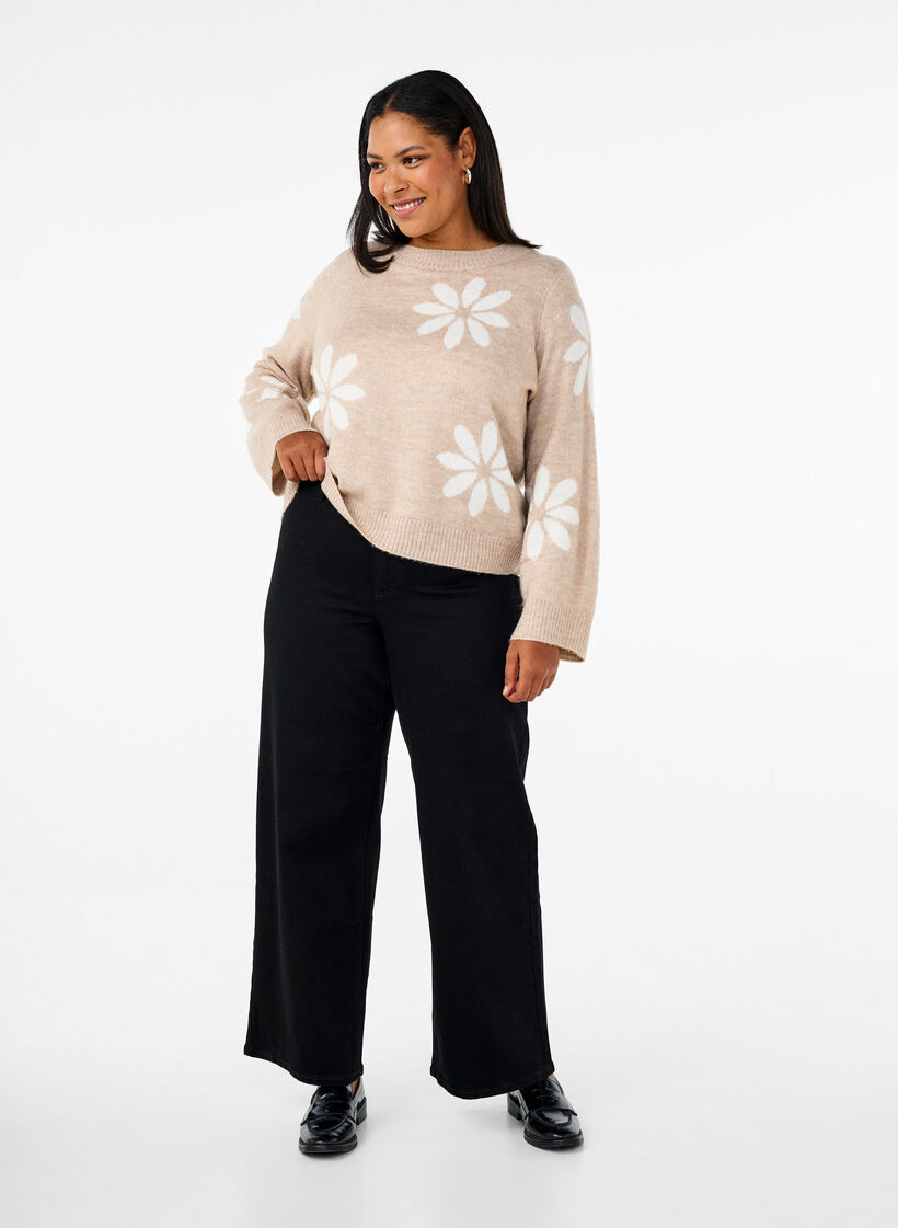 Strikket bluse med blomster, Simply Taupe Comb, Model image number 2