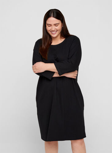 Bomullskjole med 3/4-ermer og lommer, Black, Model image number 0