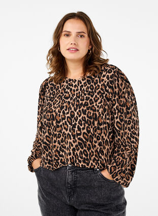 Zizzi Bluse med lange ermer og leopardmønster, Brun, Model image number 0