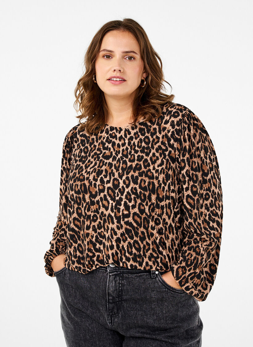 Bluse med lange ermer og leopardmønster, Brun, Model image number 0
