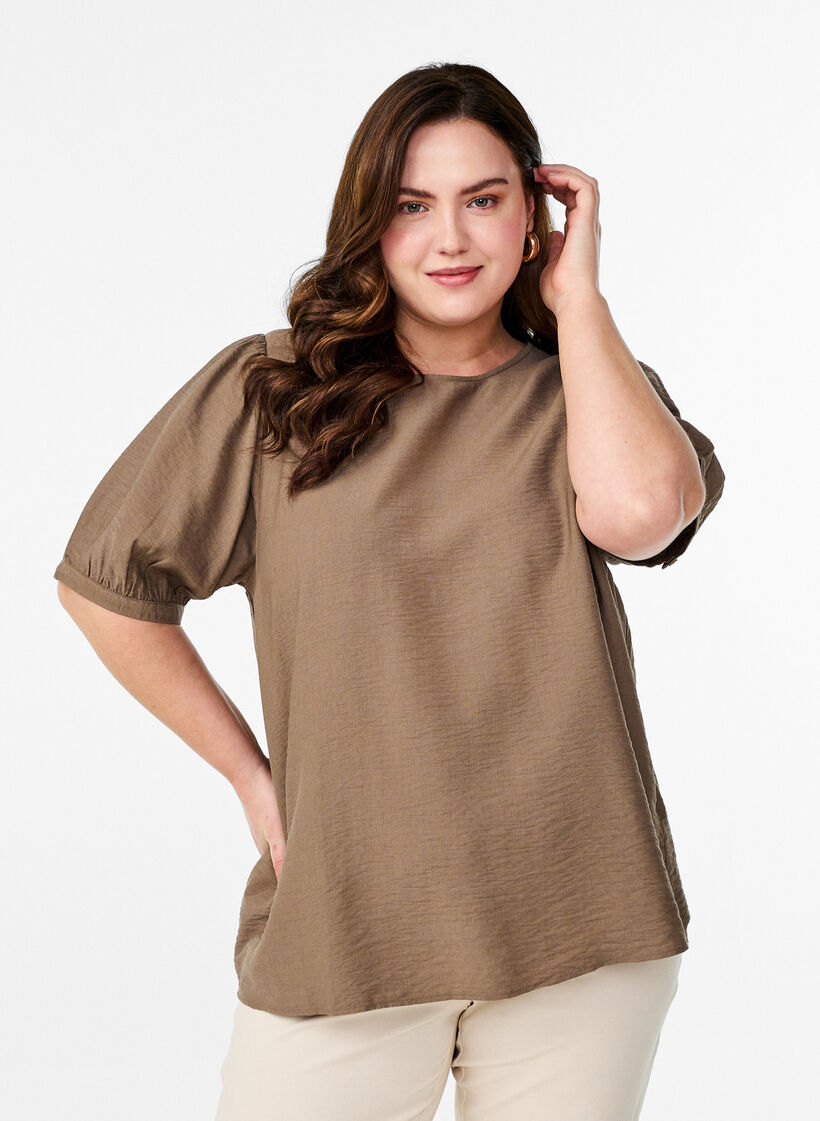 Viskose bluse med 1/2 ermer, Brun, Model image number 0