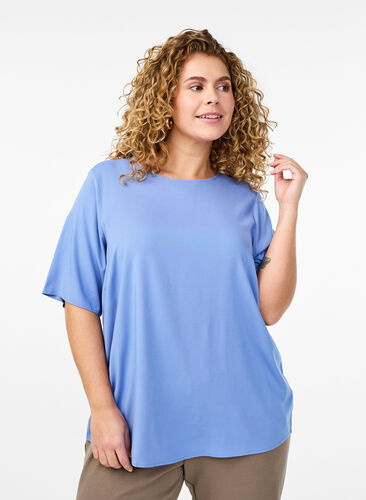 Zizzi FLASH – Vevet bluse med korte ermer og rund hals, Blå, Model image number 0