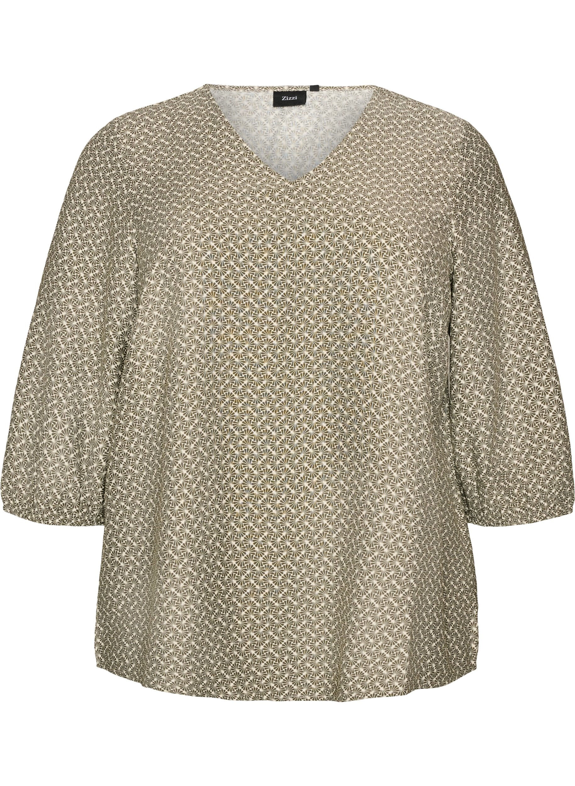 ZizziM&oslash;nstret viskosebluse med 3/4-ermer, Gr&oslash;nn, Packshot image number 0