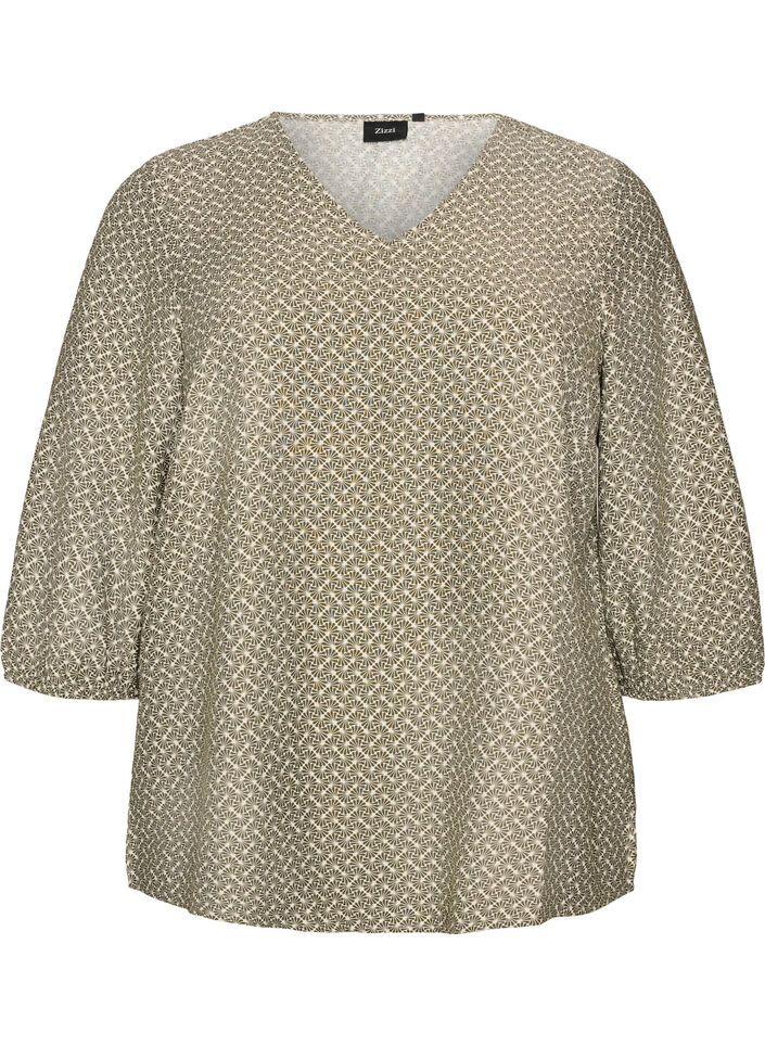 M&oslash;nstret viskosebluse med 3/4-ermer, Gr&oslash;nn, Packshot image number 0
