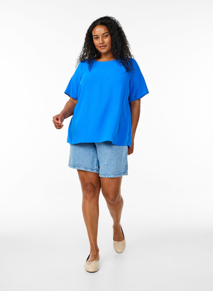 Kortermet bluse med rund hals, Blå, Model image number 1
