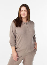 Ribbestrikket genser med polokrage og glidelås, Beige Ribbestrikket genser med polokrage og glidelås, Beige, Model
