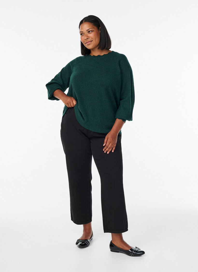 Strikkebluse med b&oslash;lgete kanter, Gr&oslash;nn, Model image number 1