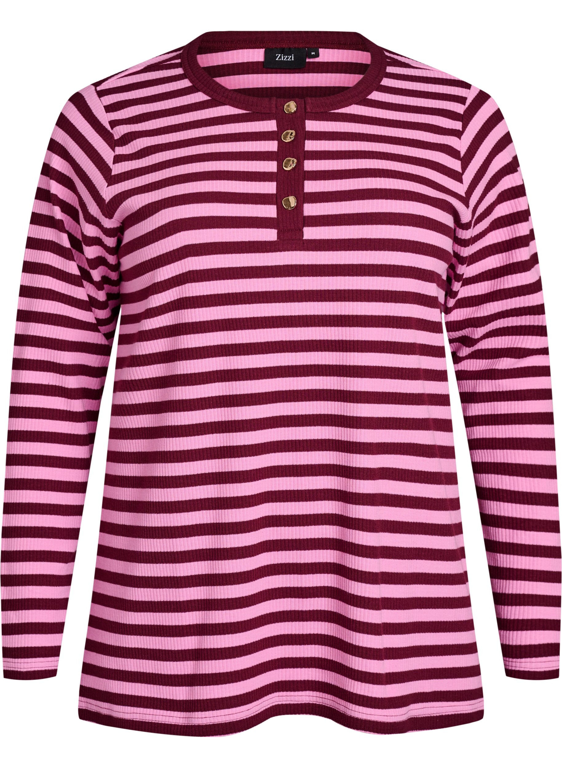 Zizzi Stripete jerseybluse med ribbet tekstur, Rosa, Packshot image number 0