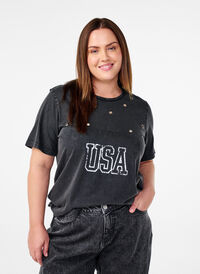 T-skjorte med maljer og trykk, Grey Washed  T-skjorte med maljer og trykk, Grey Washed , Model