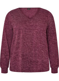 Jerseybluse med V-hals og lange ermer, M&oslash;rk Bordeaux