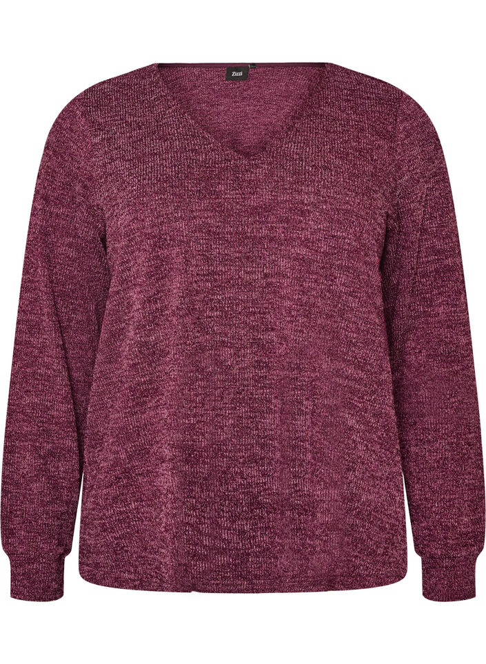 Jerseybluse med V-hals og lange ermer, M&oslash;rk Bordeaux, Packshot image number 0