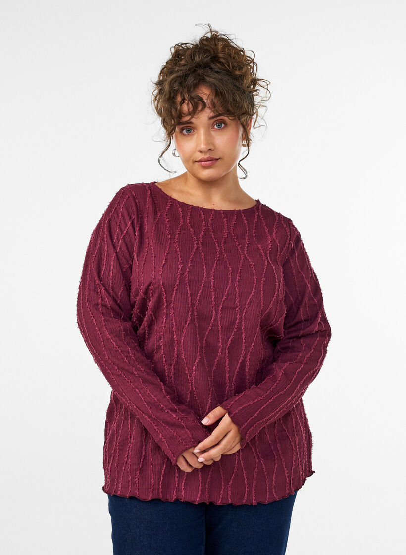 Jerseybluse med en b&oslash;lget tekstur, R&oslash;d, Model image number 0