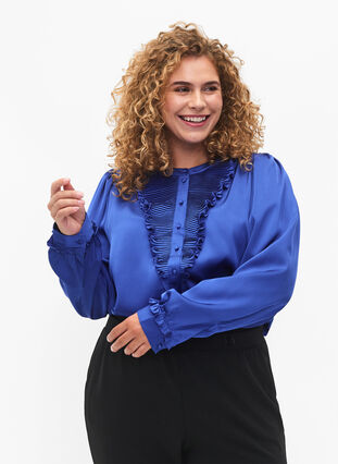 Skjortebluse i sateng med volangdetaljer, Deep Ultramarine, Model image number 2