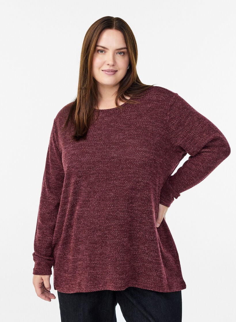 Langermet bluse med tekstur, M&oslash;rk Bordeaux, Model image number 0