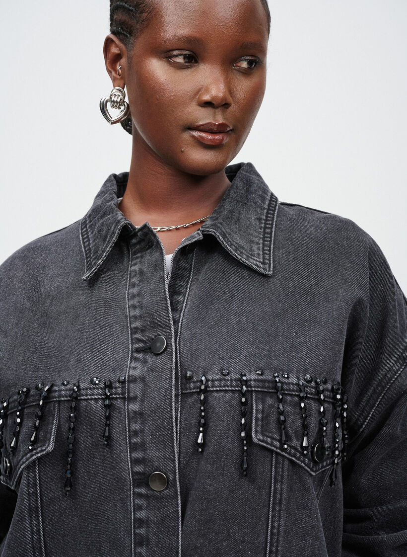 Denimjakke med perlefranser, Grey Denim, Image
