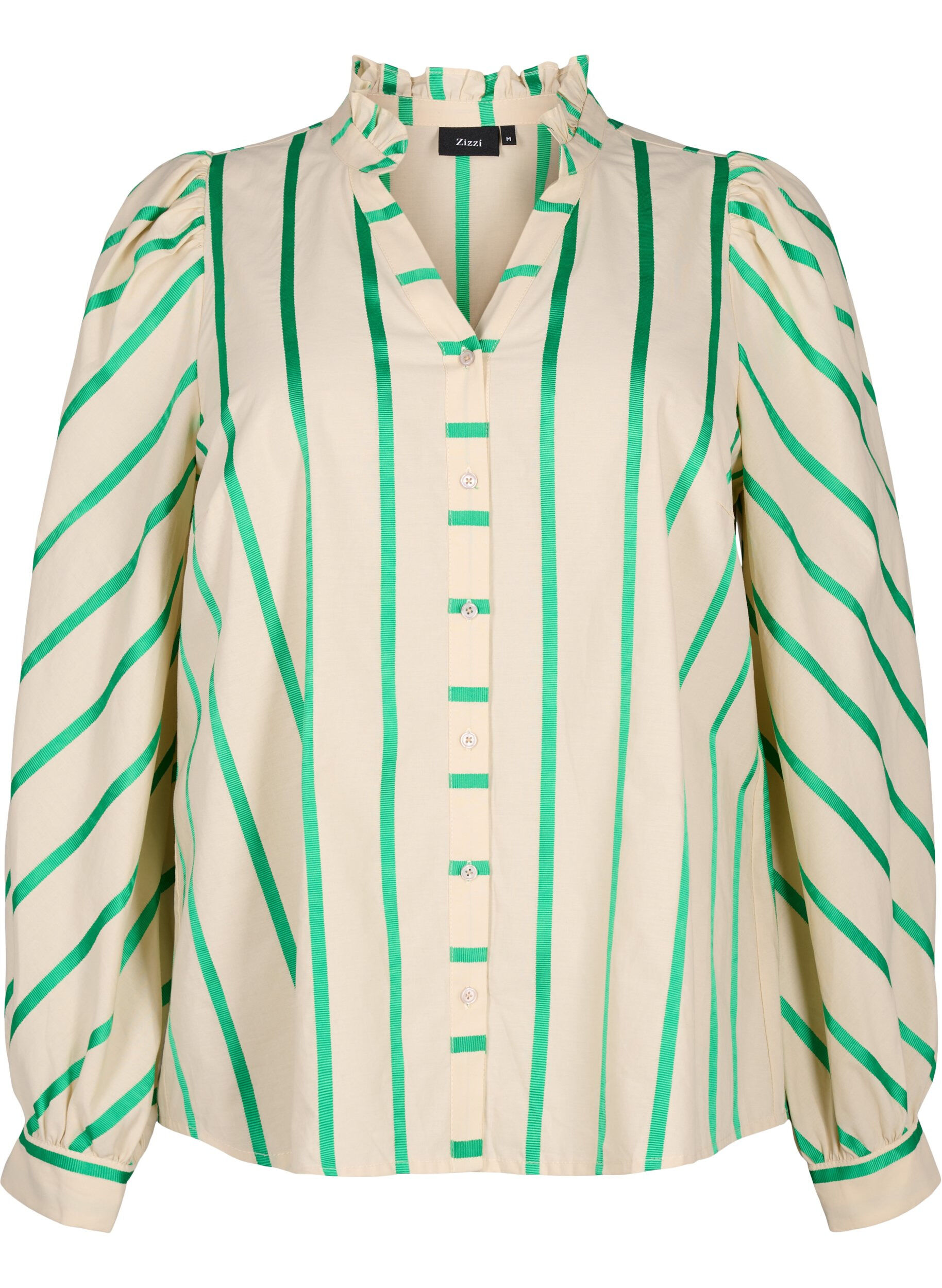 Zizzi Stripete skjortebluse i bomull med volangkrage, Beige Green Stripe, Packshot image number 0
