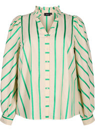 Stripete skjortebluse i bomull med volangkrage, Beige Green Stripe