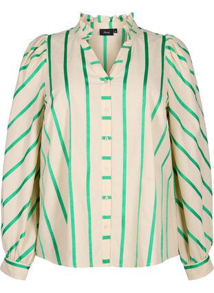 Stripete skjortebluse i bomull med volangkrage, Beige Green Stripe, Packshot image number 0