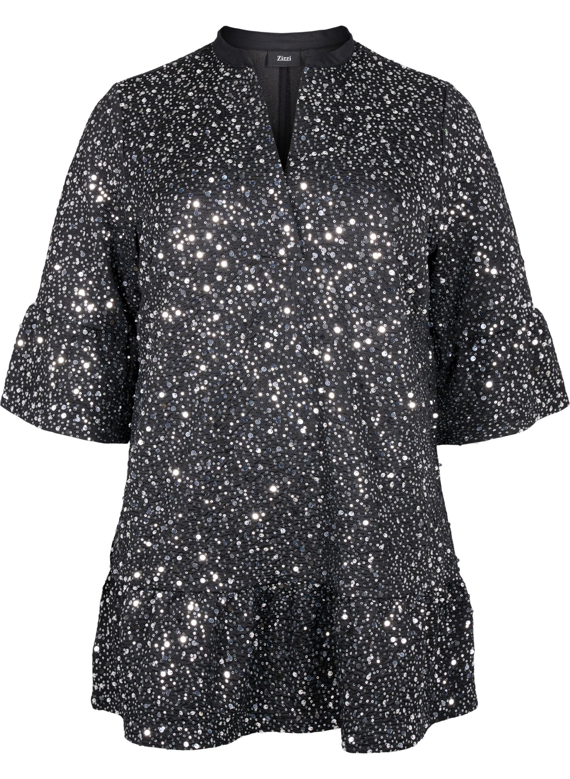 Zizzi Paljettkjole med V-hals og 3/4 ermer, Black w. Sequins, Packshot image number 0