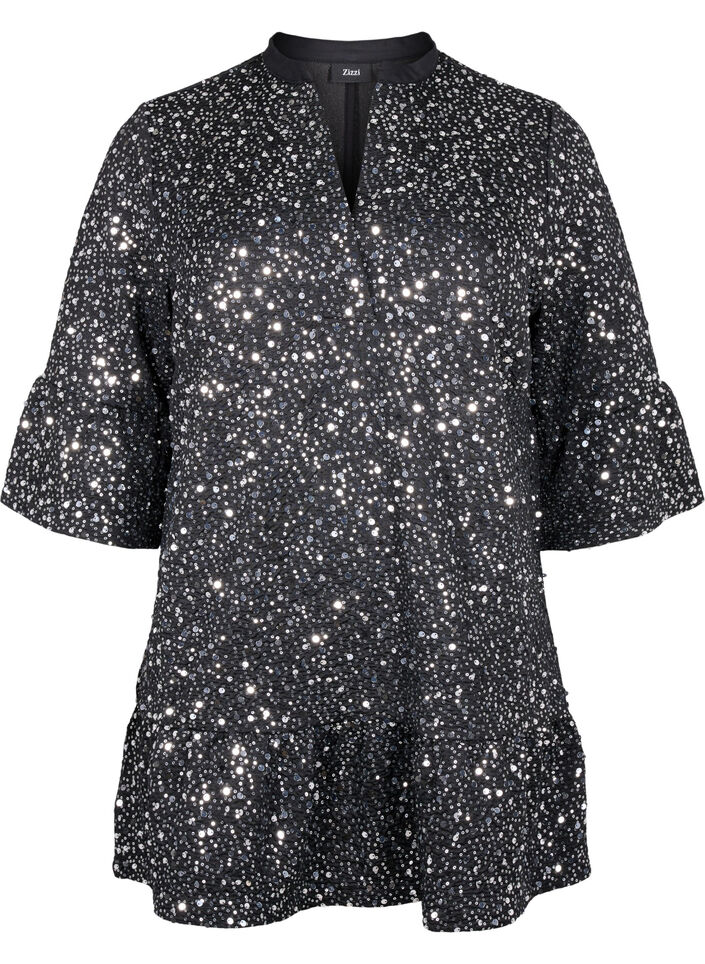 Paljettkjole med V-hals og 3/4 ermer, Black w. Sequins, Packshot image number 0