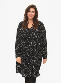 Kjole med V-hals og trykk, Black Dot AOP, Model