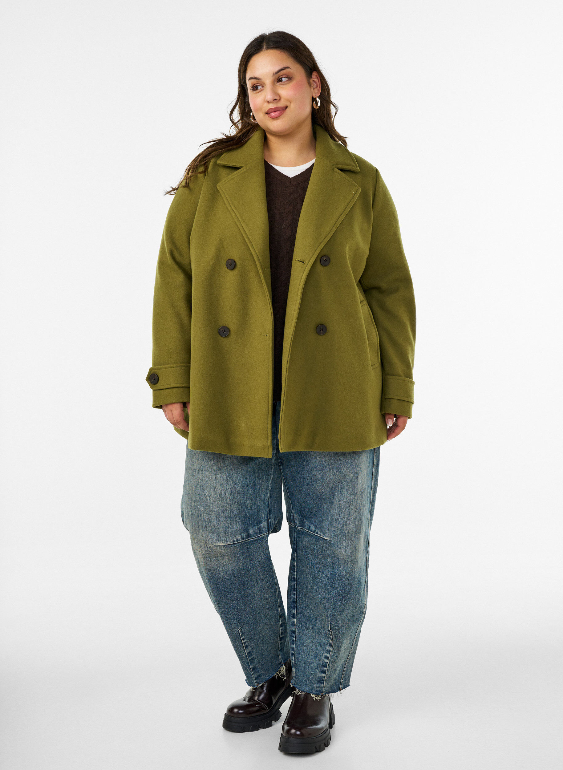 ZizziKort k&aring;pe med dobbeltradede knapper, Gr&oslash;nn, Model image number 1