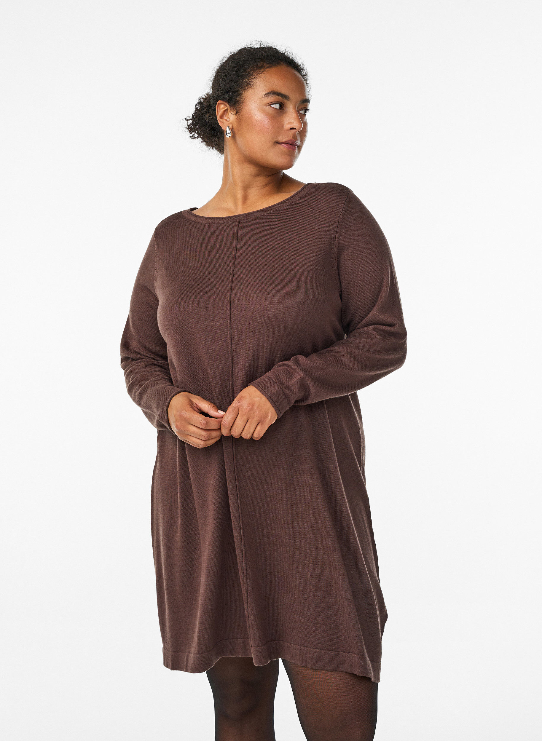 ZizziStrikket kjole i bomull og viskoseblanding, Brun, Model image number 0