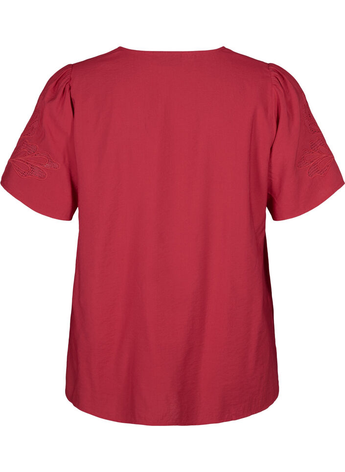 Kortermet bluse i viskose med broderi, Rød, Packshot image number 1