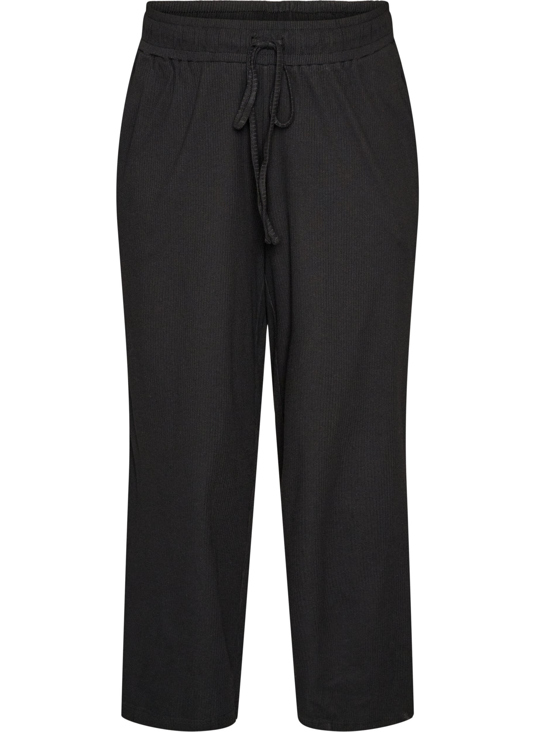 ZizziRibbede pyjamabukser med rette ben, Svart, Packshot image number 0