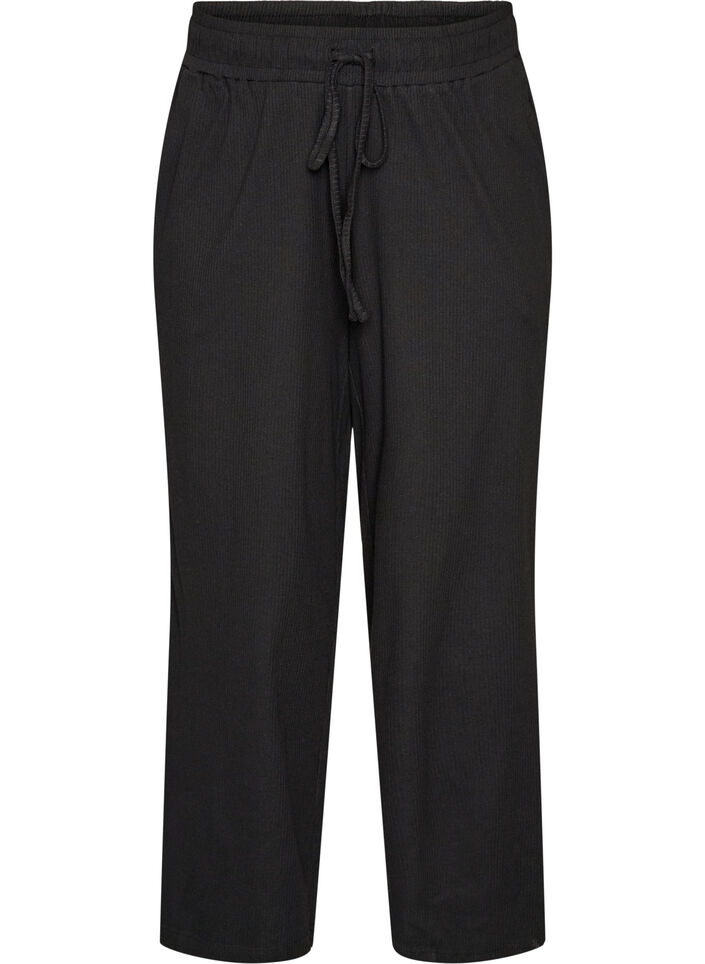 Ribbede pyjamabukser med rette ben, Svart, Packshot image number 0