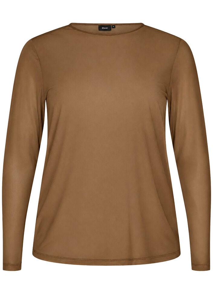 Bluse i mesh med lange ermer, Brun, Packshot image number 0