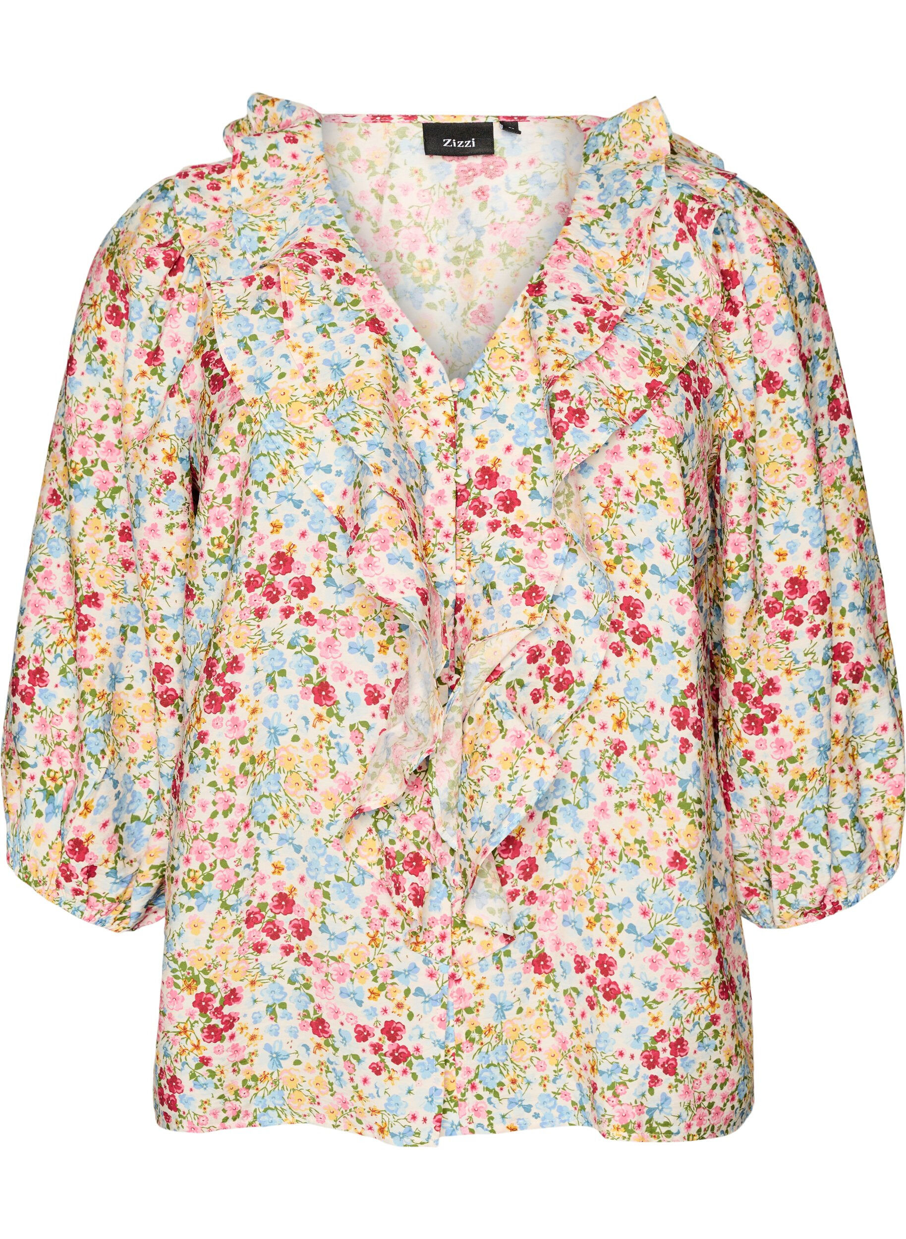 ZizziViskose bluse med blomstertrykk og 3/4 ermer, Bl&aring;, Packshot image number 0