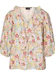 Viskose bluse med blomstertrykk og 3/4 ermer, Bl&aring;