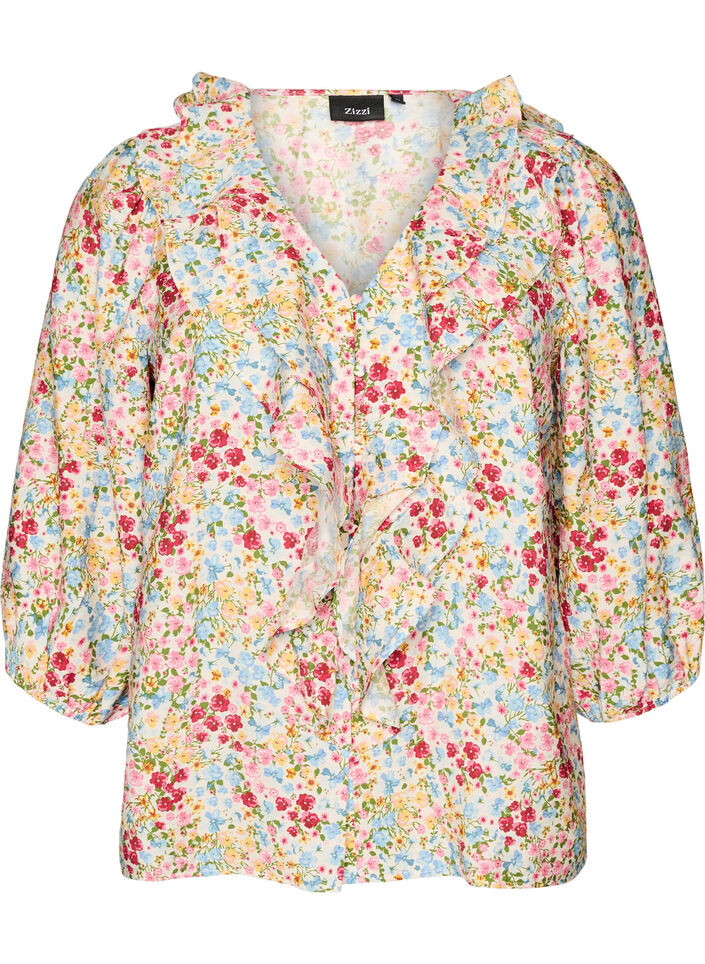 Viskose bluse med blomstertrykk og 3/4 ermer, Bl&aring;, Packshot image number 0
