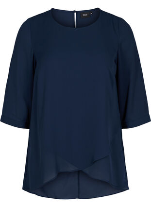 Bluse med 3/4-ermer og asymmetrisk bunn, Navy Blazer, Packshot image number 0