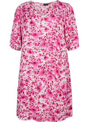 Blomstrete kjole i viskose med A-form, Pink Flower Rain, Packshot image number 0