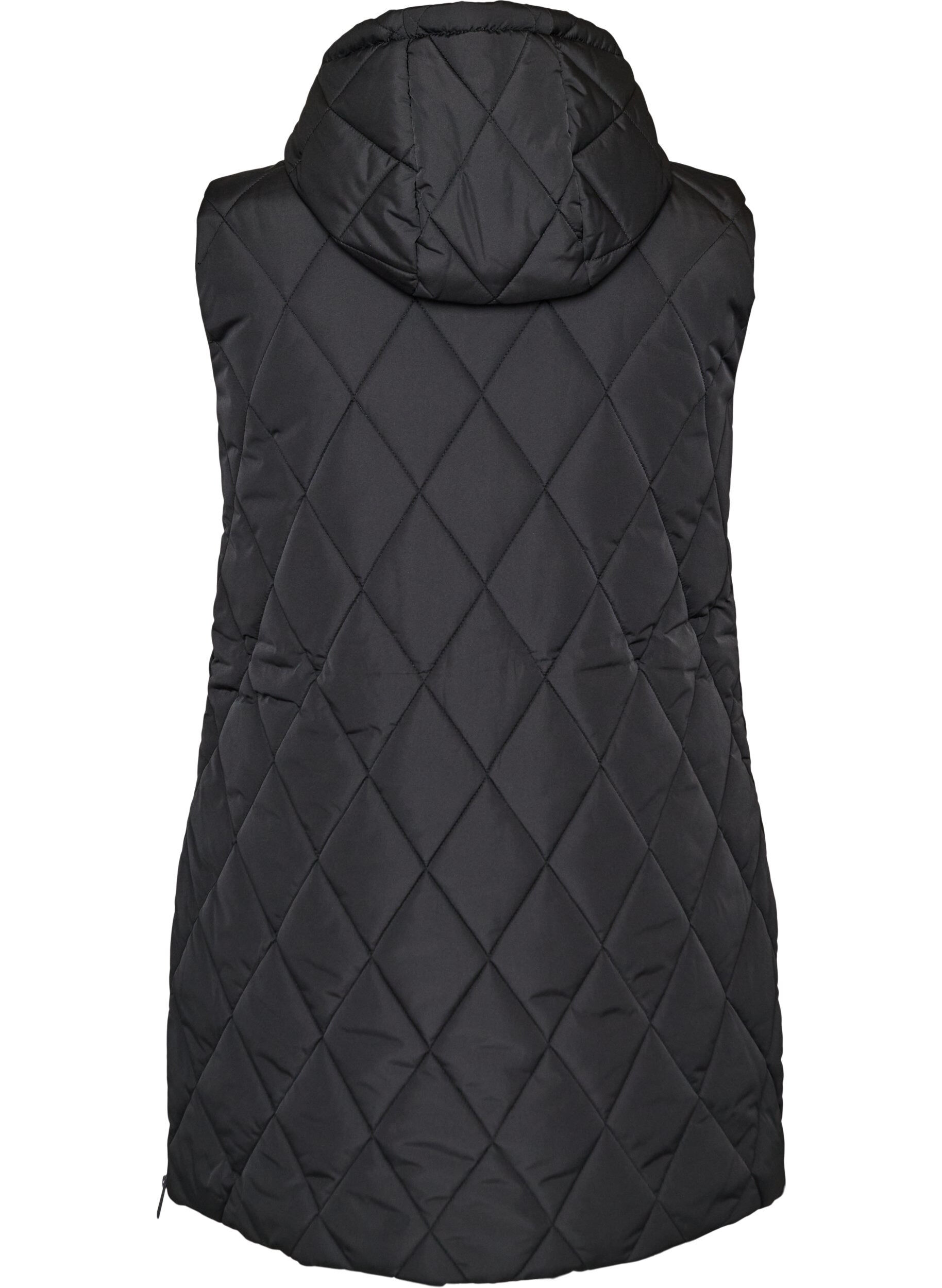 ZizziMellomlang quiltet vest med hette, Svart, Packshot image number 1