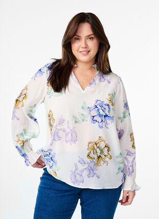Zizzi Plissert bluse med lange ermer og blomstertrykk, Hvit, Model image number 0