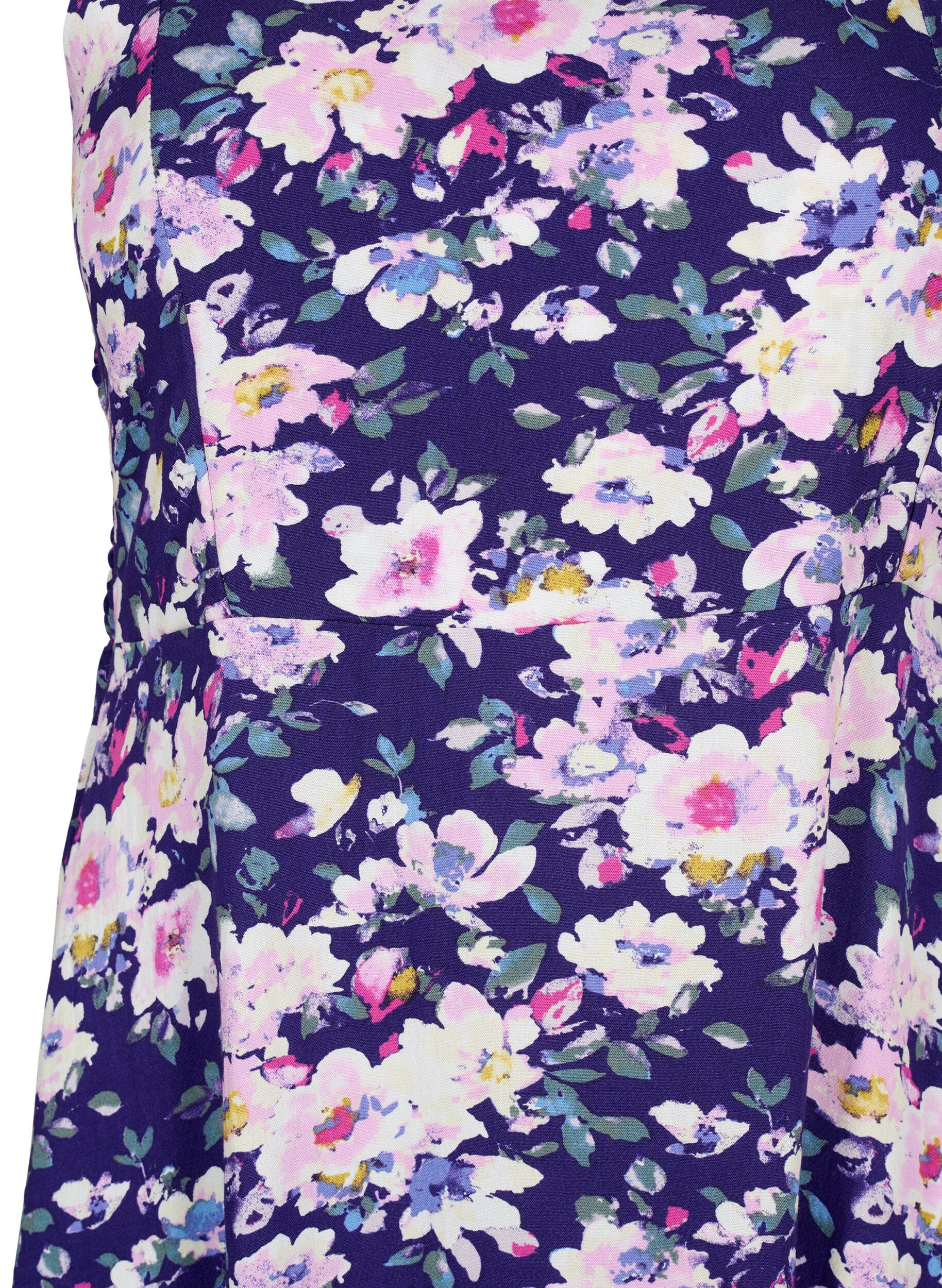 Zizzi Blomstrete kjole med stropper i viskose med smock, Blue Flower, Packshot image number 2