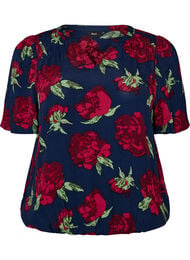 Viskosebluse med blomstertrykk og ballongform, Bl&aring;