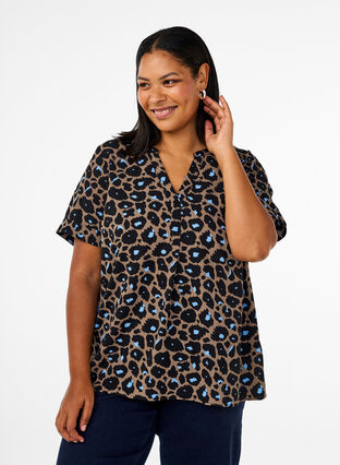 Zizzi Kortermet bluse med V-hals, Brun, Model image number 0