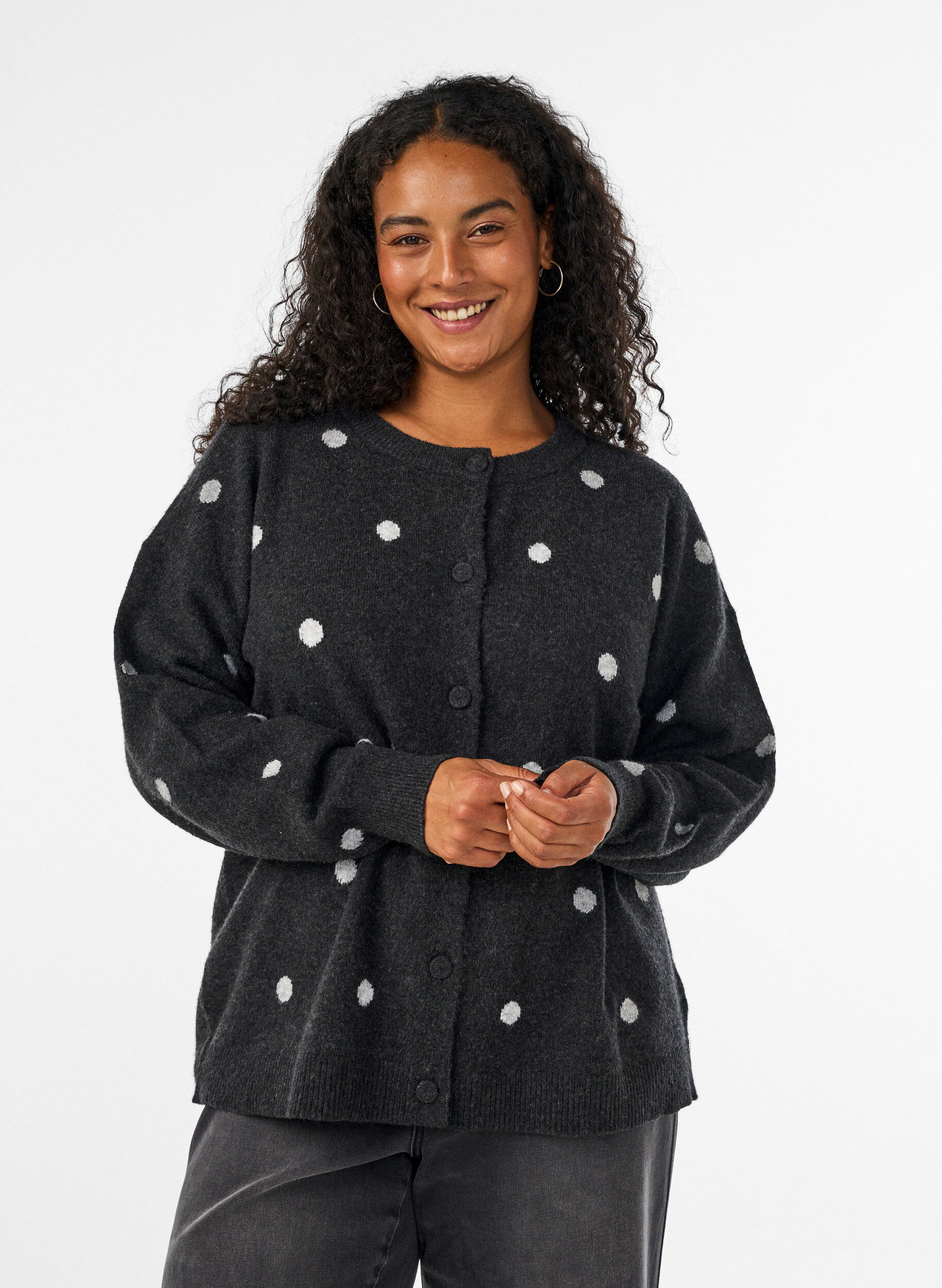 ZizziCardigan med et prikkete m&oslash;nster, Gr&aring;, Model image number 0