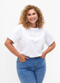 T-skjorte i økologisk bomull med tekst, White HARMONY, Model