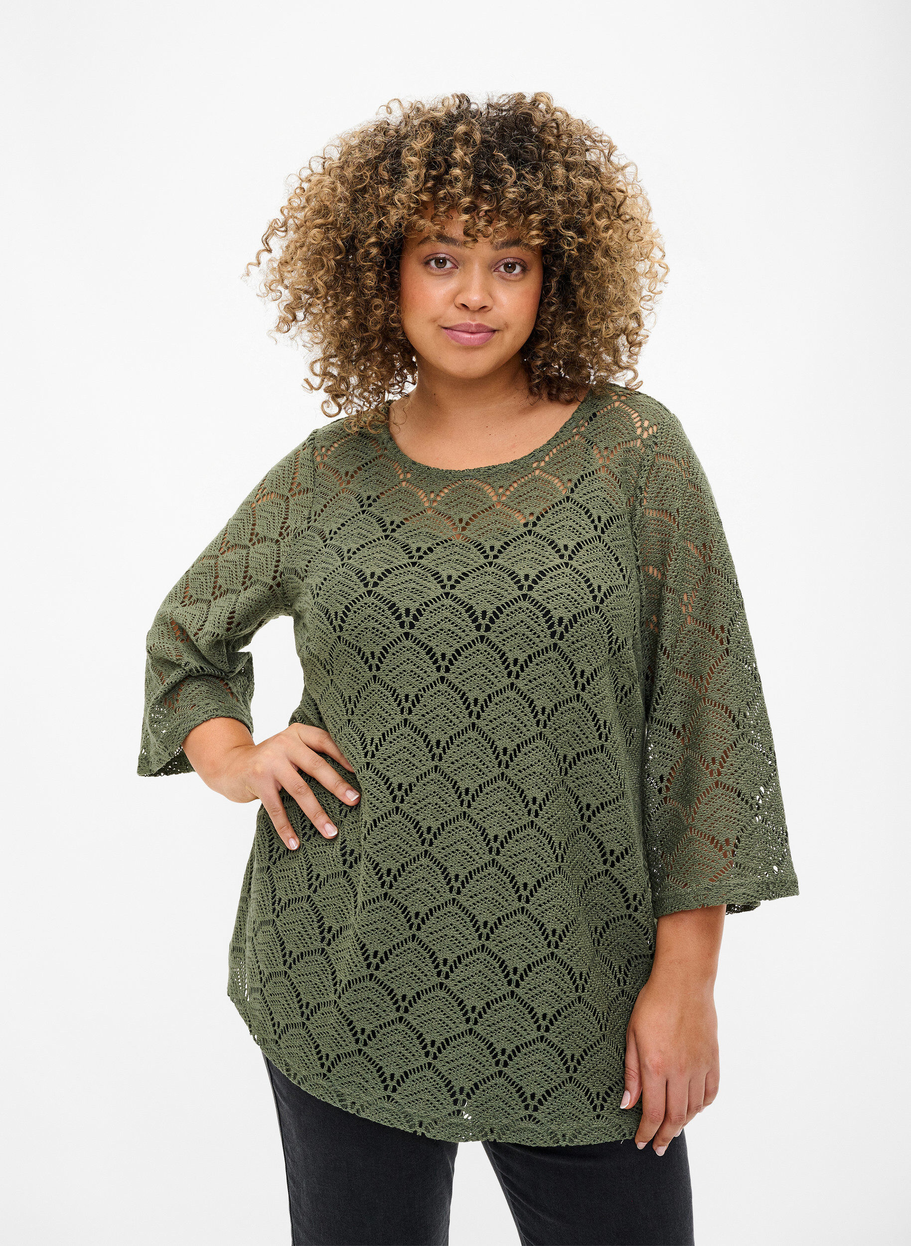 Zizzi Hekle Bluse med 3 / 4 ermer, Thyme, Model image number 0