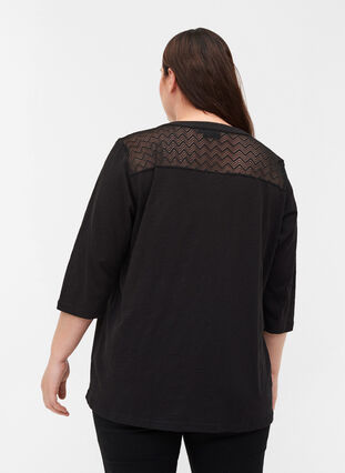 Bluse i organisk bomull med blonder, Black, Model image number 1